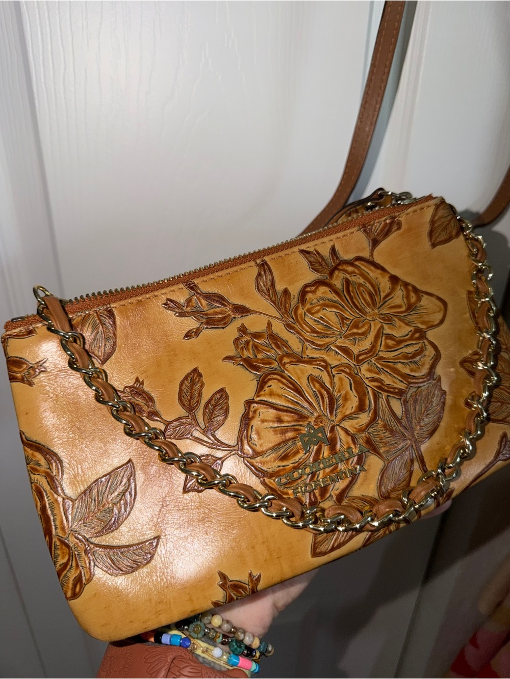 Hand-Tooled Floral Leather Crossbody Bag - Tan